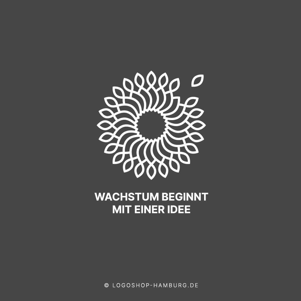 Logo Blume „Wachstum beginnt mit einer Idee“ weiß auf dunkelgrau
